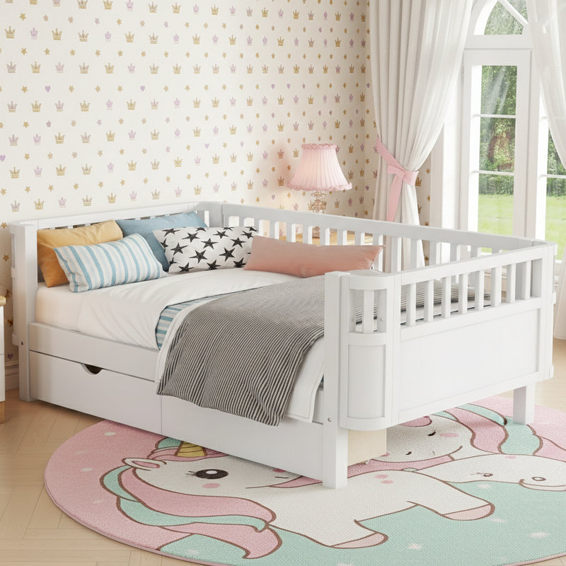 Twin Size Wood Platform Bed For Kids, Wood Low Profile Twin Bed With Rails For Girls And Boys, White, Twin, White
