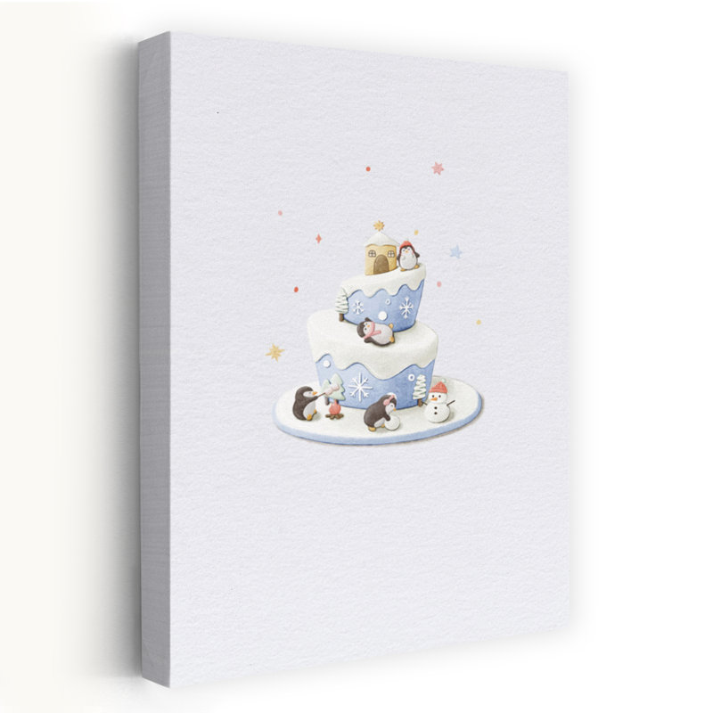 Whimsical Winter Cake Abstract Minimalist Penguin Landscape Nature Wall Art Print 1 Piece Wrapped Canvas Wall Art