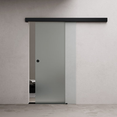 Durovin 775mm internal Sliding Glass Door - Fully Frosted - Black Round Handle with Rail