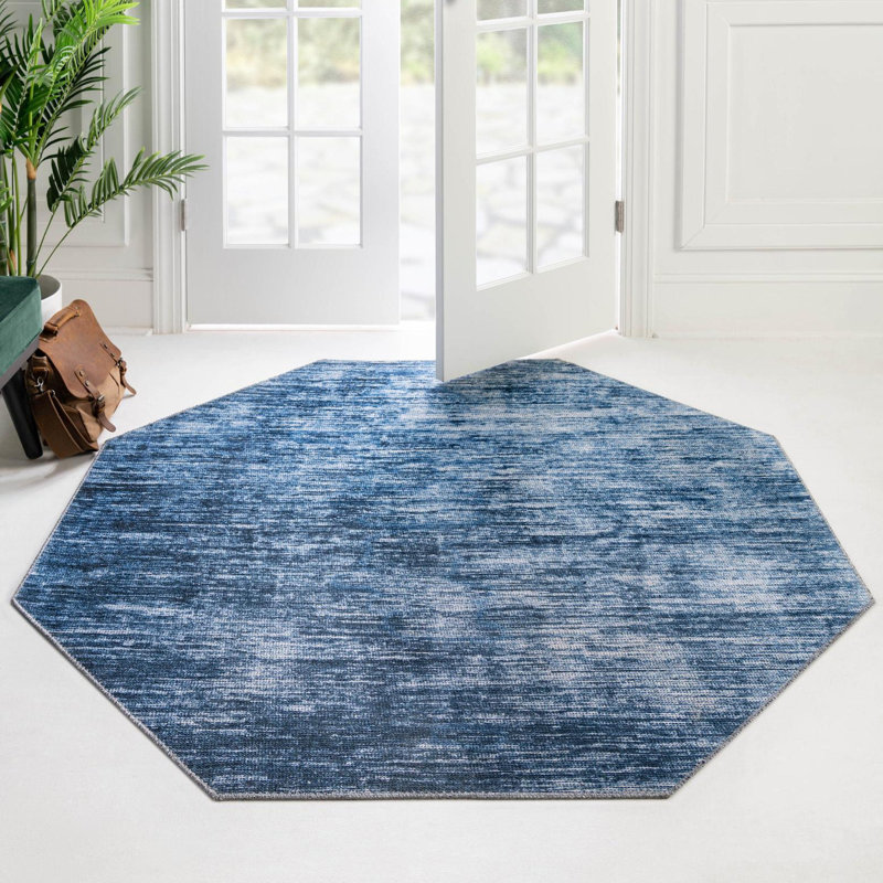 Tapis bleu en chenille tissé à la machine Montagne, Octogone 5 pi x 5 pi