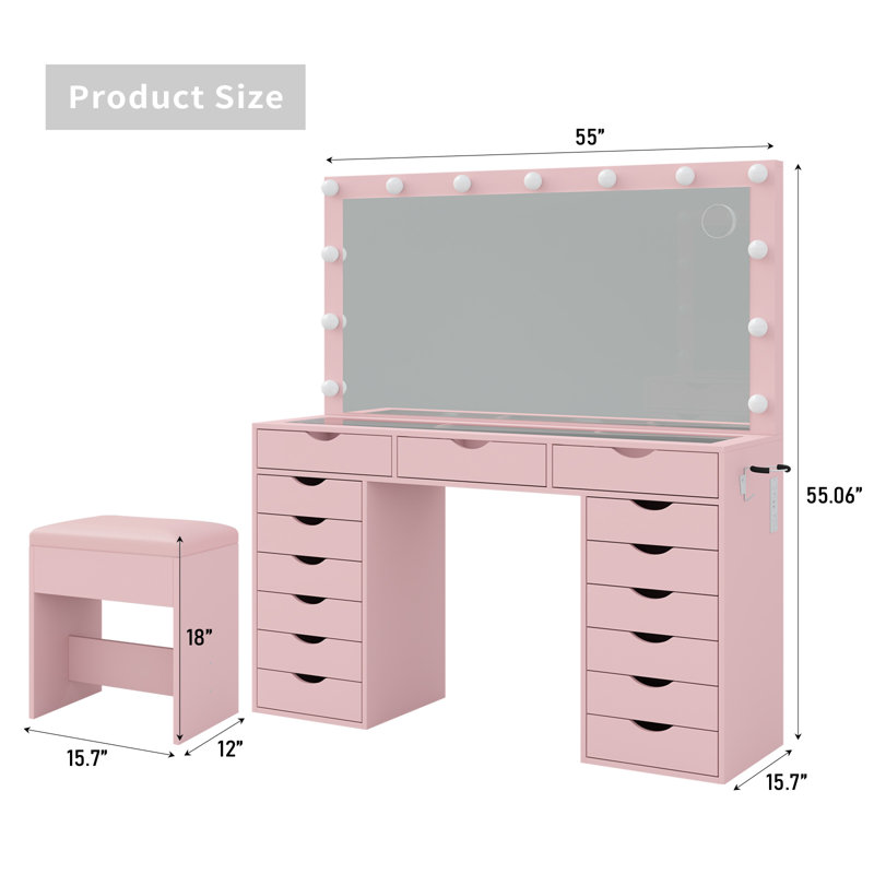 15 Drawers Vanity Desk with Power Outlet, Makeup Vanity with Mirror and 13 LED Lights, 3 Color Lighting Modes, Brightness Adjustable, Glass Top Vanity Set