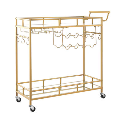 Bar Cart, 2 Tiers Home Kitchen Serving Carts, Modern Rolling Utility Station on Wheels, Drink Beverage Trolley with Mirrored Glass Shelves, Wine Rack,