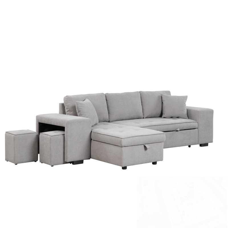 L-Shape Sectional Sofa with Storage Chaise and 2 Stools, Gray