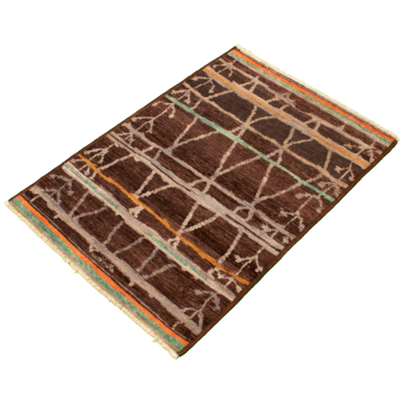 Tapis marocain brun foncé en laine nouée à la main de conception unique 4 pi 1 po x 5 pi 9 po New Age