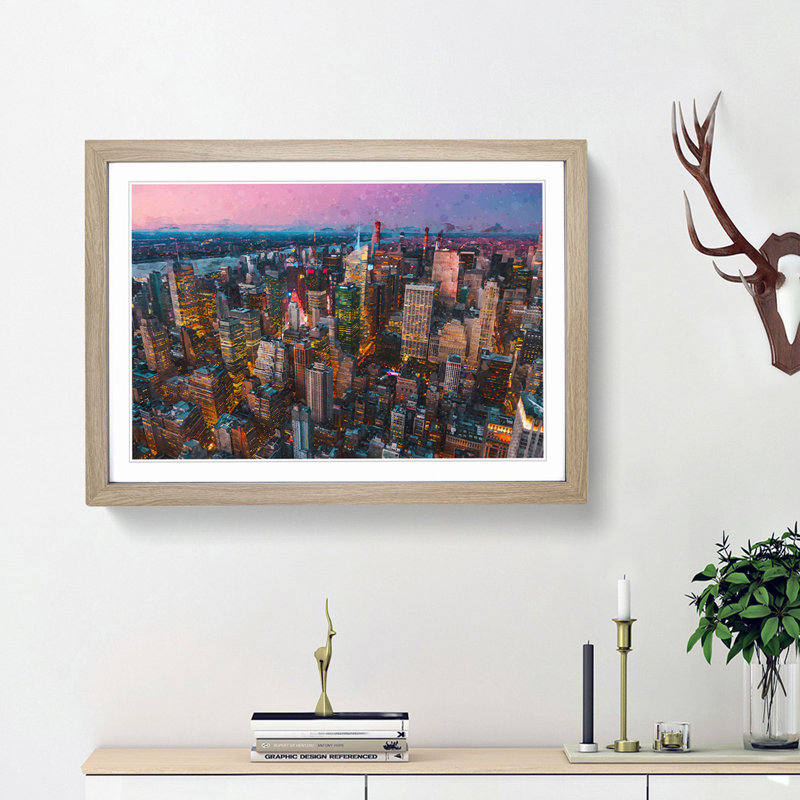 New York View in Abstract - Picture Frame Graphic Art Print, 48cm H x 65cm W x 2cm D, Oak Framed