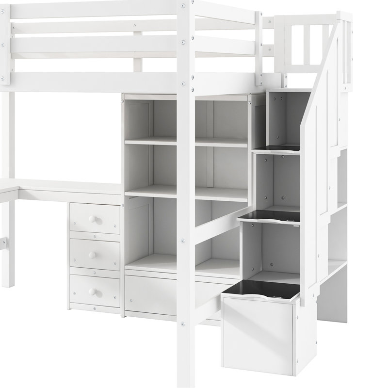 Lit mezzanine double blanc avec bureau en L, tiroirs, armoire et escalier de rangement pratique, White