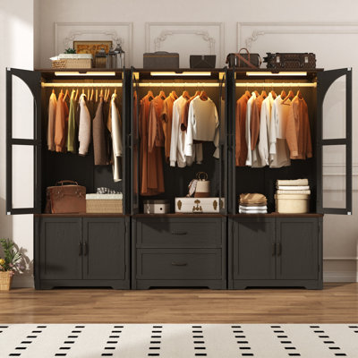 72" Tall Farmhouse Arched Wardrobe Cabinet With 6 Doors, Glass Panels And Drawers, Freestanding Clothing Storage For Bedroom
