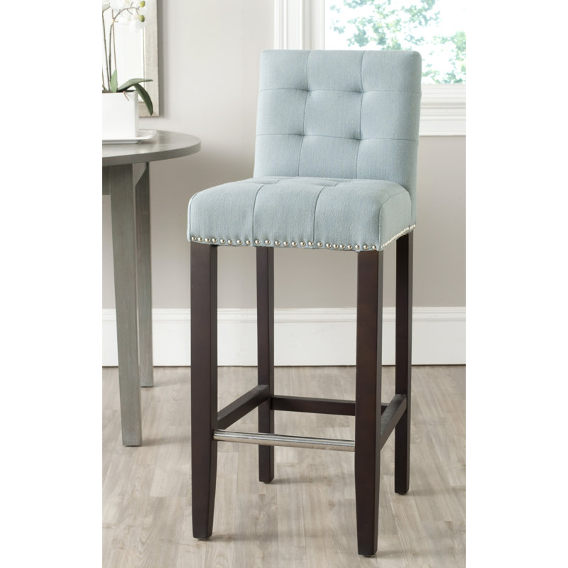 Apoloniusz Upholstered Counter Stool with Solid Wood Frame, Sky Blue Linen