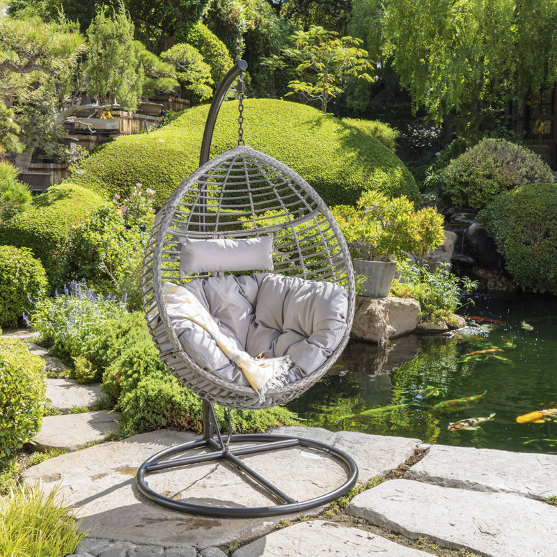 Gray Wicker Hanging Hammock Chair with Cushions