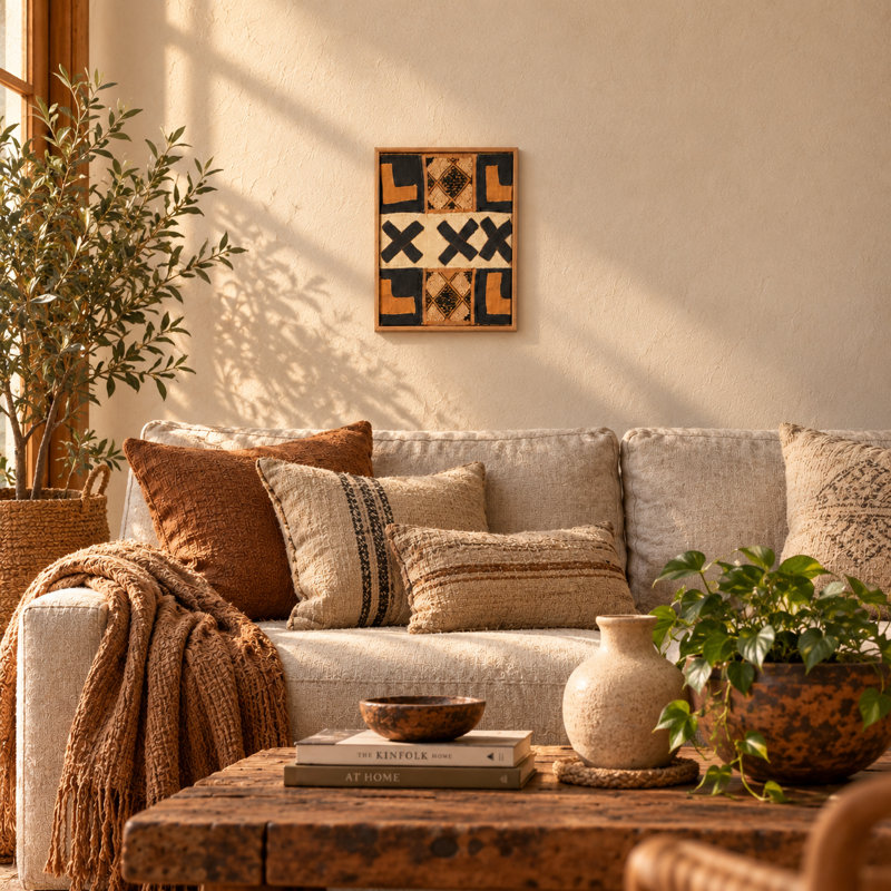 Tableau mural en textile de raphia Kuba africain avec cadre en teck 40,6 x 50,8 cm (16 x 20 pouces) Style 7