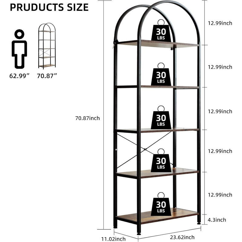180cm H x 60cm W Metal Bookcase, Black/Walnut