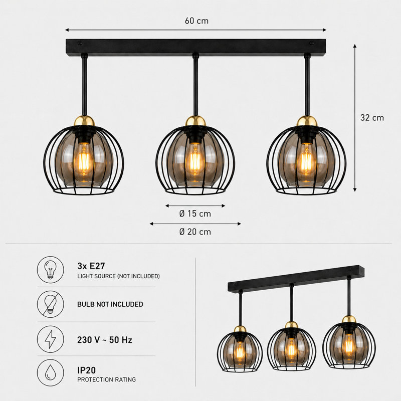 Glass Semi Flush Mount, Matt Black/Gold, 70cm W x 20cm D, 3 Lights