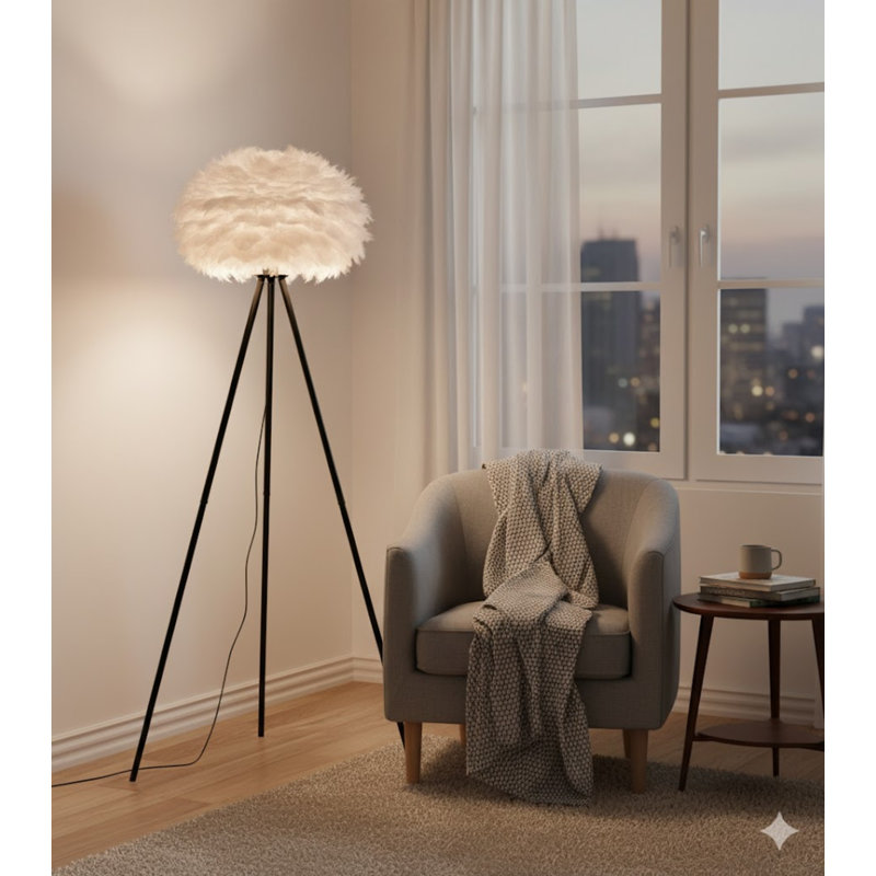 Lampe sur pied noire 1 lumière avec boule de plumes d'oie blanche