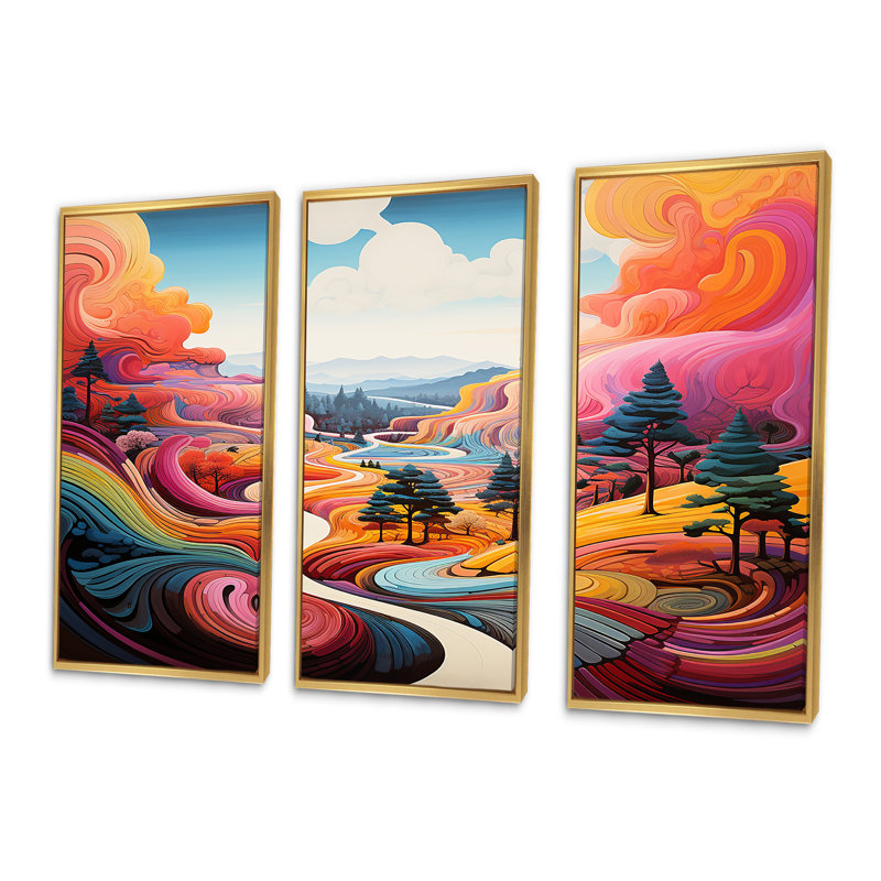 «Fantasy Food In Colorful Meadow 1», art mural prairie, Cadre flottant doré, H 28 po x l 36 po x P 1 po