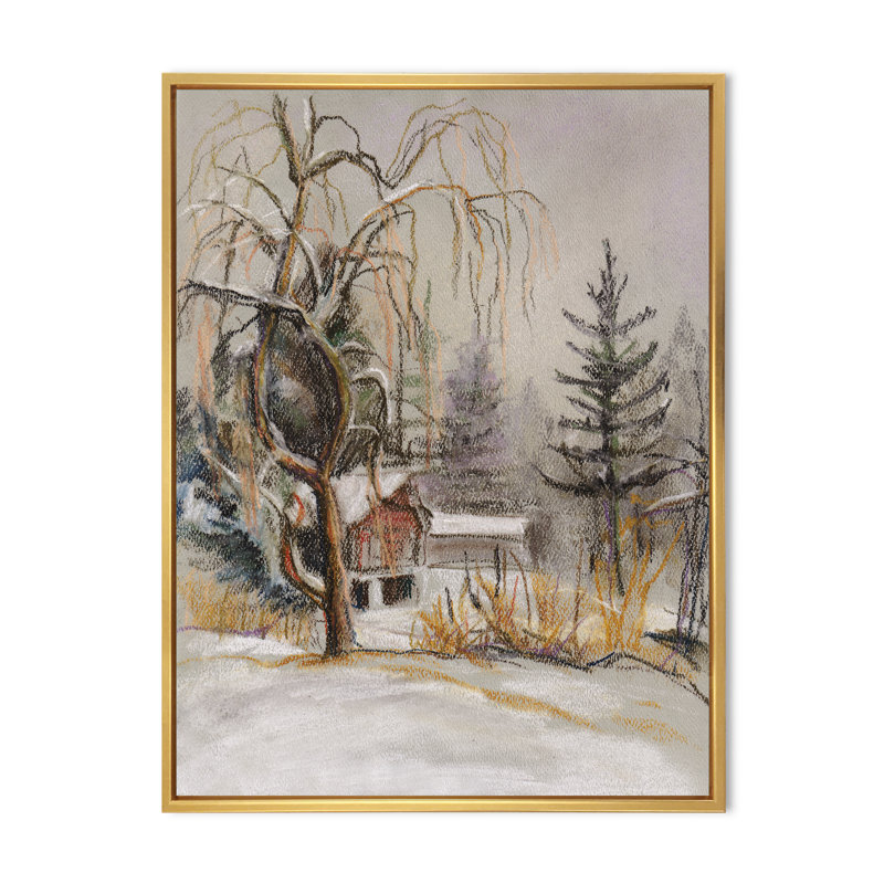 Winter Village Landscape II - peinture, H 20 po x l 12 po x P 1 po, Cadre flottant doré