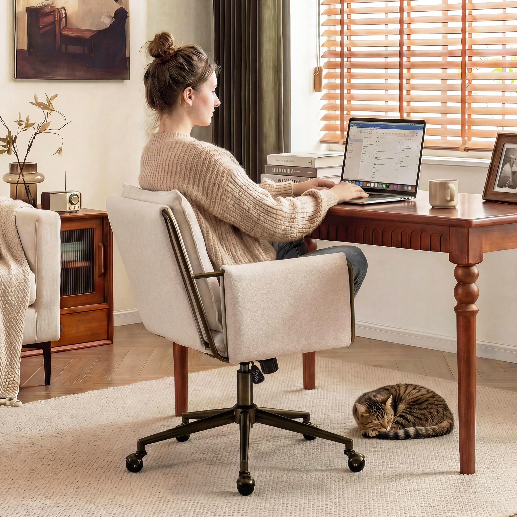 Arianna Upholstered Swivel Office Chair, Beige, Antique Brass