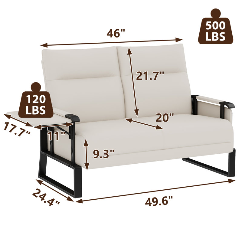 Canapé-lit de 49,6 po de largeur avec accoudoirs de style moderne Mid-Century pour petits espaces, canapé à 2 places revêtu de tissu galvanisé à haute résistance avec plateau latéral