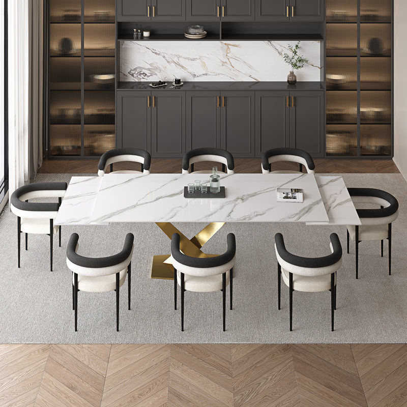 9 - Pieces Dining Table Set With 94.5'' Extendable Sintered Stone Top And Upholstered Armchair, Snowy Mountain White, Gold