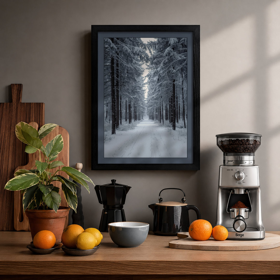 Snow-Lined Forest Path Scandinavian - Framed Print