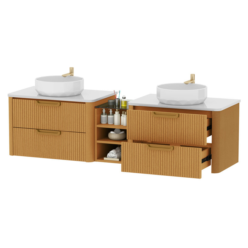 Meuble-lavabo mural 72 po avec comptoir en pierre d'ingénierie et lavabos doubles en céramique