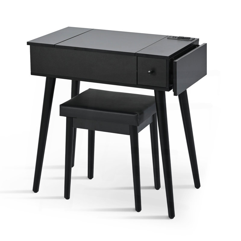 Meuble-lavabo noir 27,9 po avec miroir rabattable et lumière DEL, coiffeuse avec station de charge, 2 tiroirs et panneau rabattable, ensemble de coiffeuse avec tabouret rembourré pour la chambre à coucher