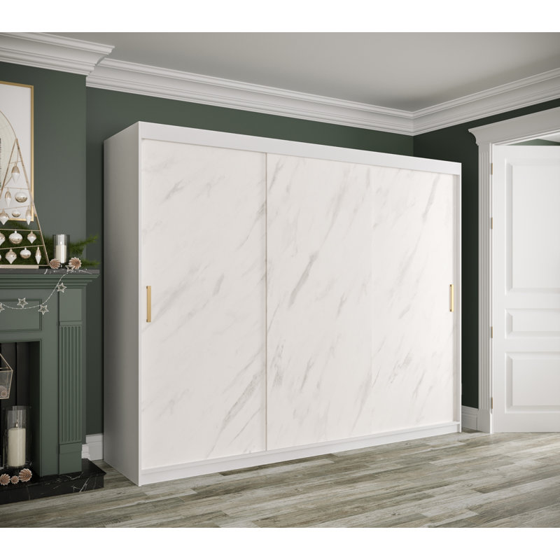 Almantas Manufactured Wood Wardrobe, 200cm H x 250cm W x 62cm D, White Matt/White Marble