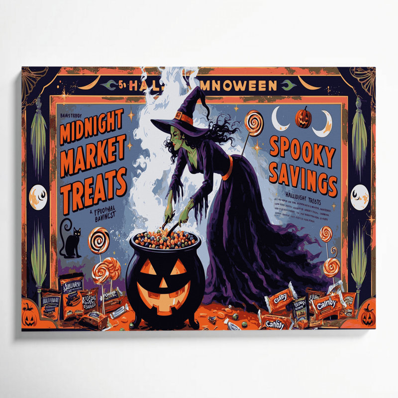 Halloween, Halloween rétro, publicité sur toile mauve, H 20 po x l 30 po