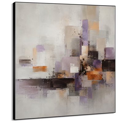 Très grand art mural imprimé sur toile - Motif abstrait géométrique mauve, orange et gris sur fond neutre pour le salon ou la chambre à coucher - «Assemblage requis du cadre (cadre non fini)»