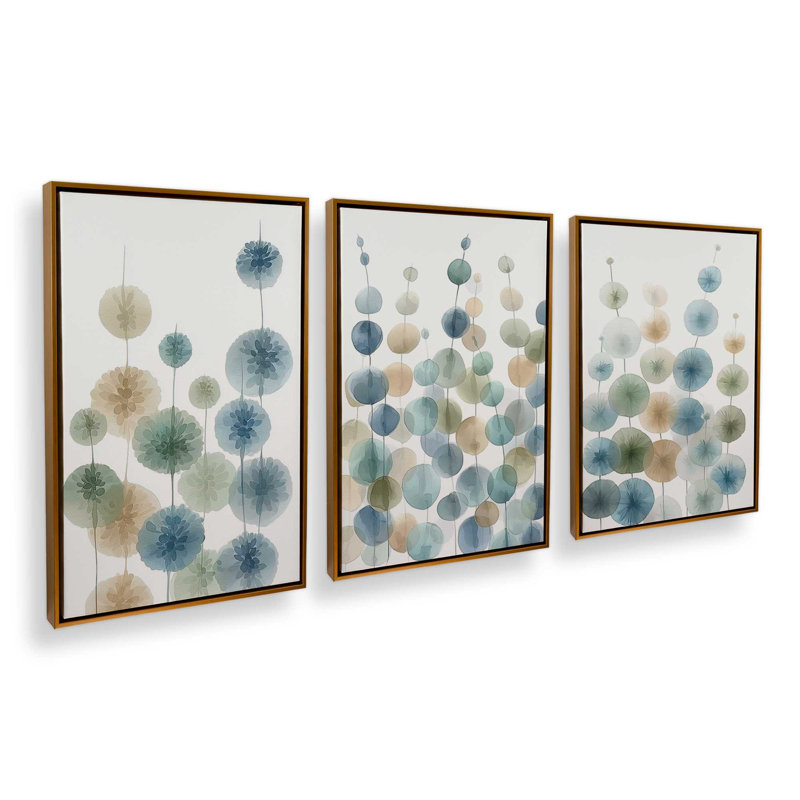 Ensemble de 3 impressions de pétales chuchotés, 18 po x 12 po, Cadre flottant doré poli