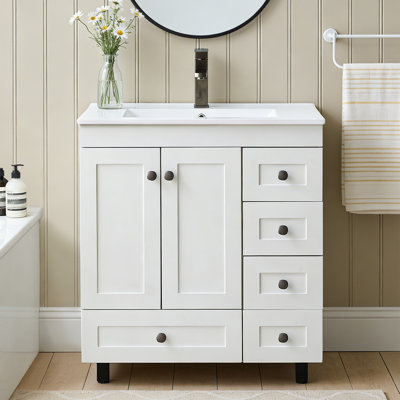 Meuble-lavabo autoportant blanc moderne 30 po avec comptoir en céramique et rangement