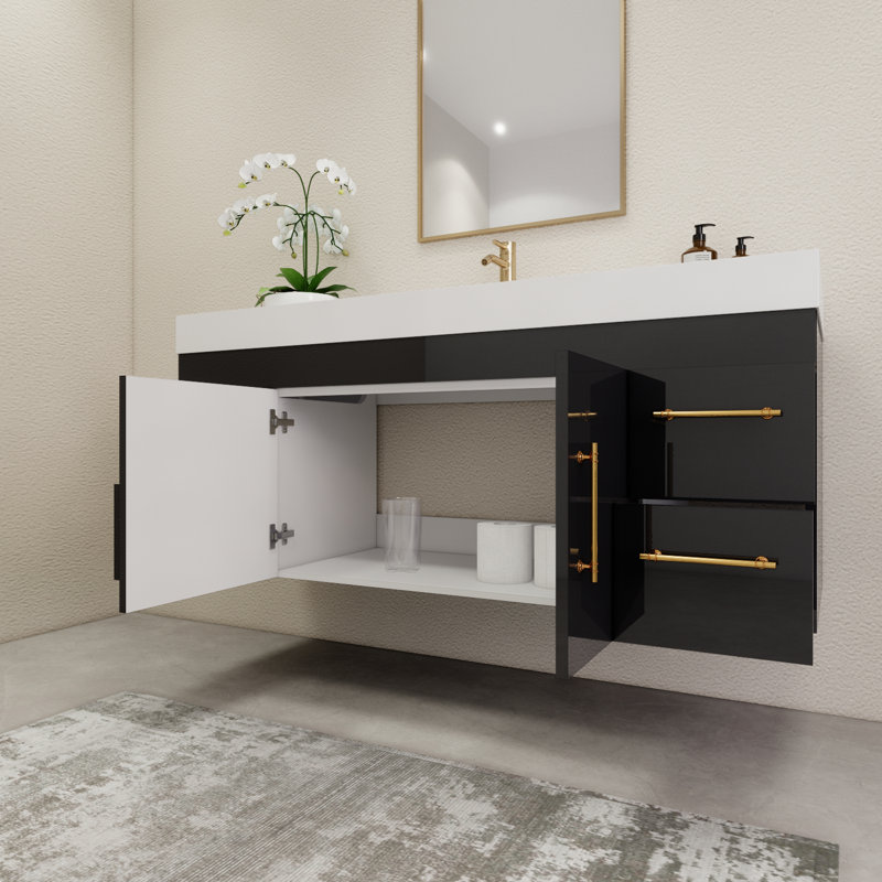 59" Wall-Mounted Single Bathroom Vanity Set, Glossy Black