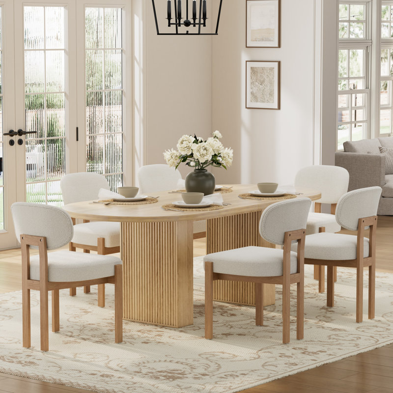 Oval Double Pedestal Kitchen Table Sets, 7 Pieces: Table, 6 Chairs, Beige, Natural