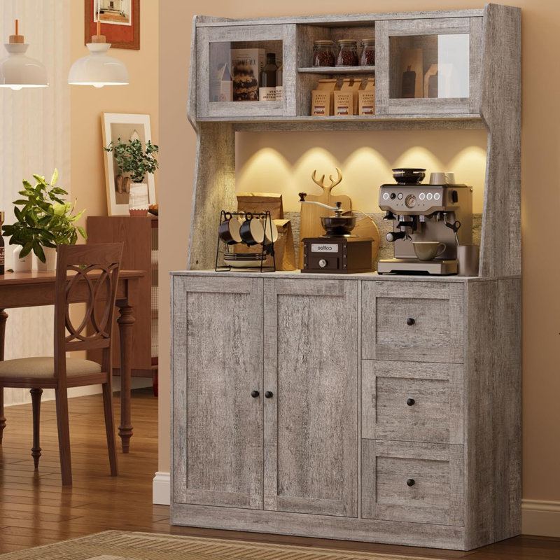 Bahut de 67 po de hauteur gris avec garde-manger, étagère à micro-ondes avec portes, tablettes et tiroirs, Gris