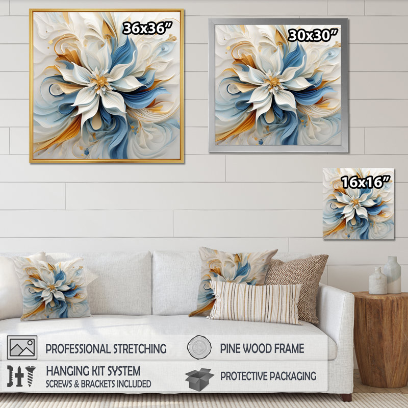 Abstrait fleur de magnolia blanc, bleu ambre - art mural fleurs, 16" H x 16" W, Cadre flottant noir