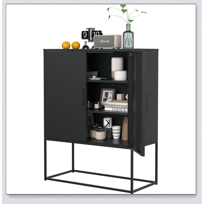 Buffet robuste en métal avec 2 tablettes, Noir