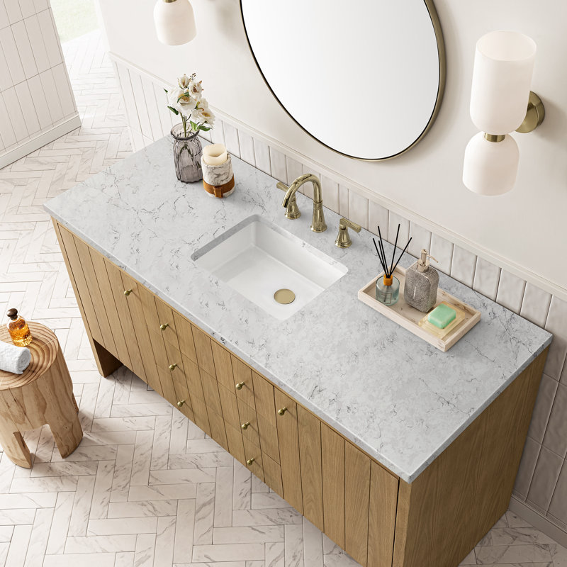 Hudson 60"W Single Vanity W/ Freepower Wireless Charger, Honey Oak, Siberian