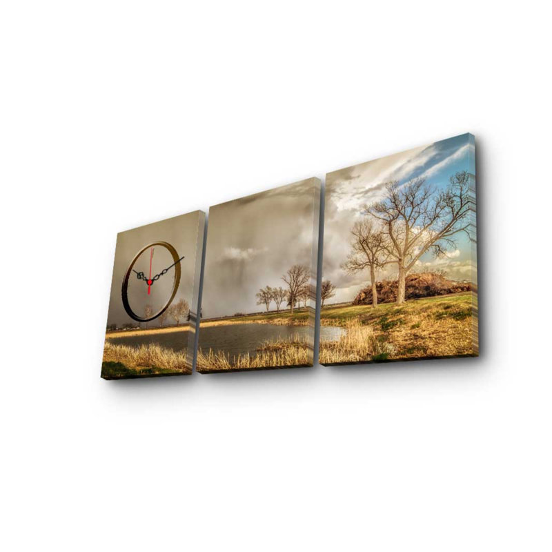 Ensemble de 3 horloges murales élégantes en toile décorative, toile suède, taille totale: 35,4 x 15,0 pouces | 100% cadre en bois, épaisseur: 1,2 po | Parfait pour la décoration intérieure, l'esthétique moderne et l'heure unique