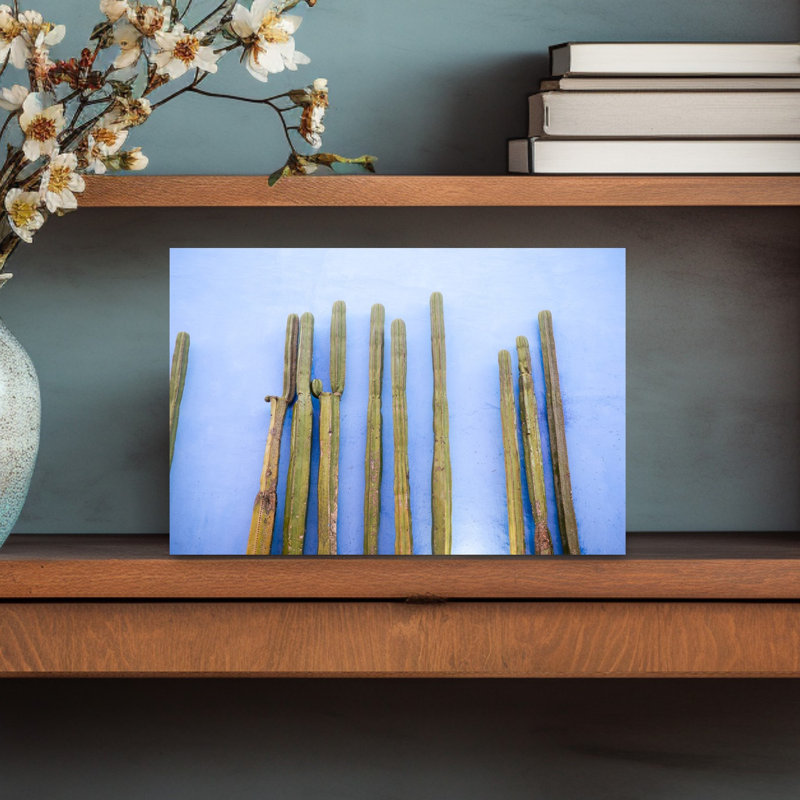 Tall Cacti on Blue | Oaxaca Mexico Travel Colorful Abstract Contemporary Cactus City Landscape Wall Art Print 1 Piece Wrapped Canvas Wall Art