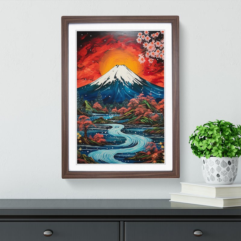 Mount Fuji Expressionism - Single Picture Frame Print on Wood, 64cm H x 46cm W x 2cm D, Walnut