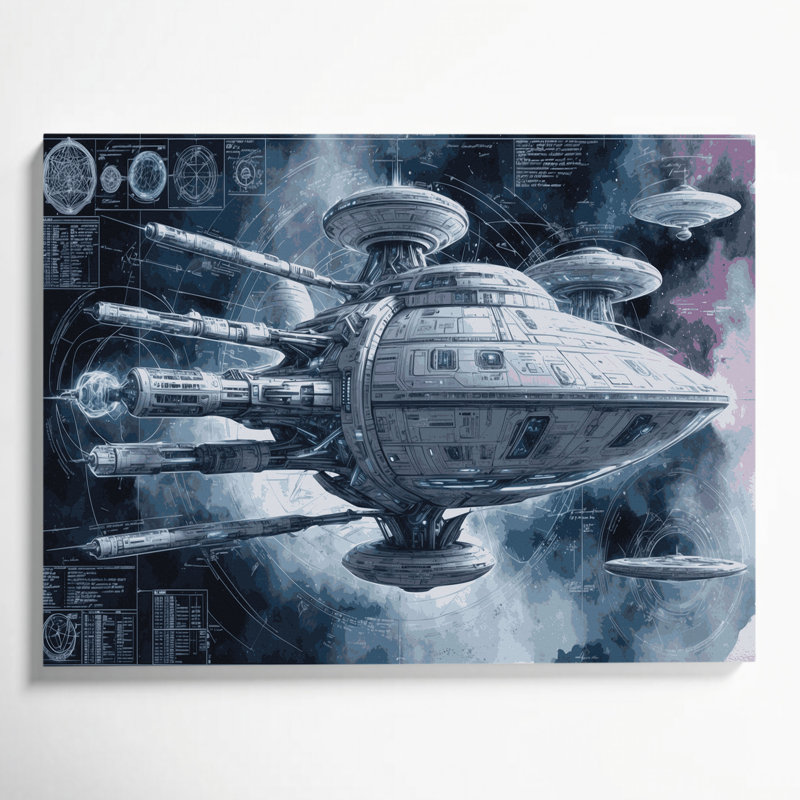 "Space Spacecraft Blueprint Designs", art mural sur toile bleue, H 20 po x l 30 po