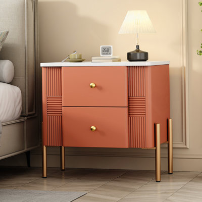 Table de chevet moderne avec 2 tiroirs de rangement, table de chevet cannelée avec poignées et pieds en métal doré, table de bout pour le salon et la chambre à coucher, assemblage facile, orange