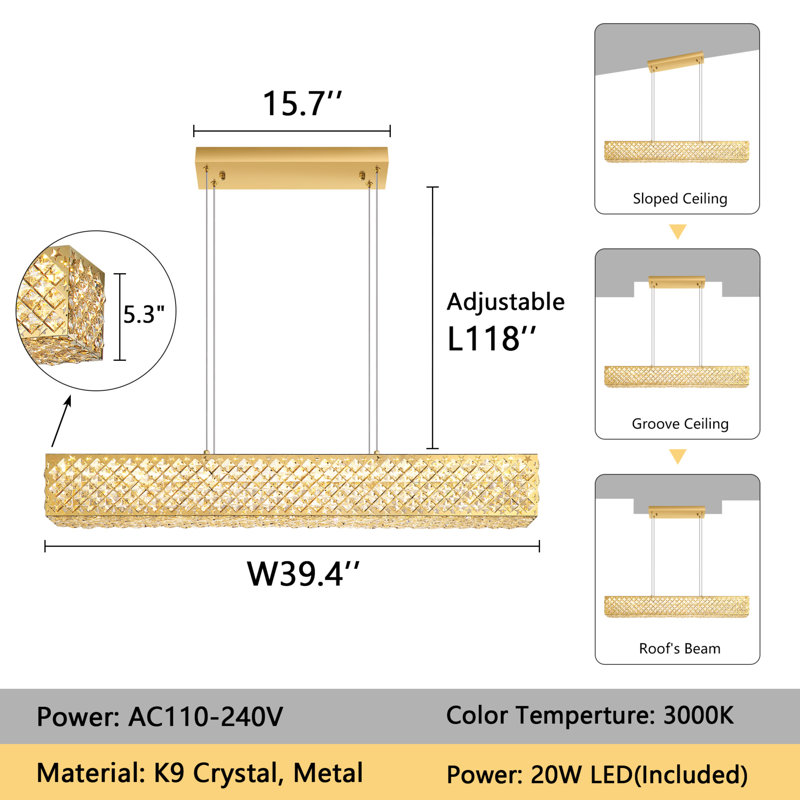 Glam Rectangular Dimmable Led Crystal Chandelier, Gold