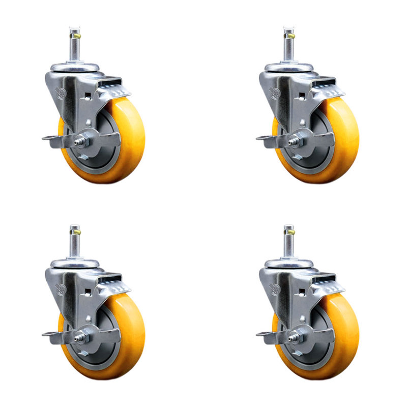 Ensemble de roulettes à tige pivotante en poly 4 po 7/16 po avec frein, Jaune