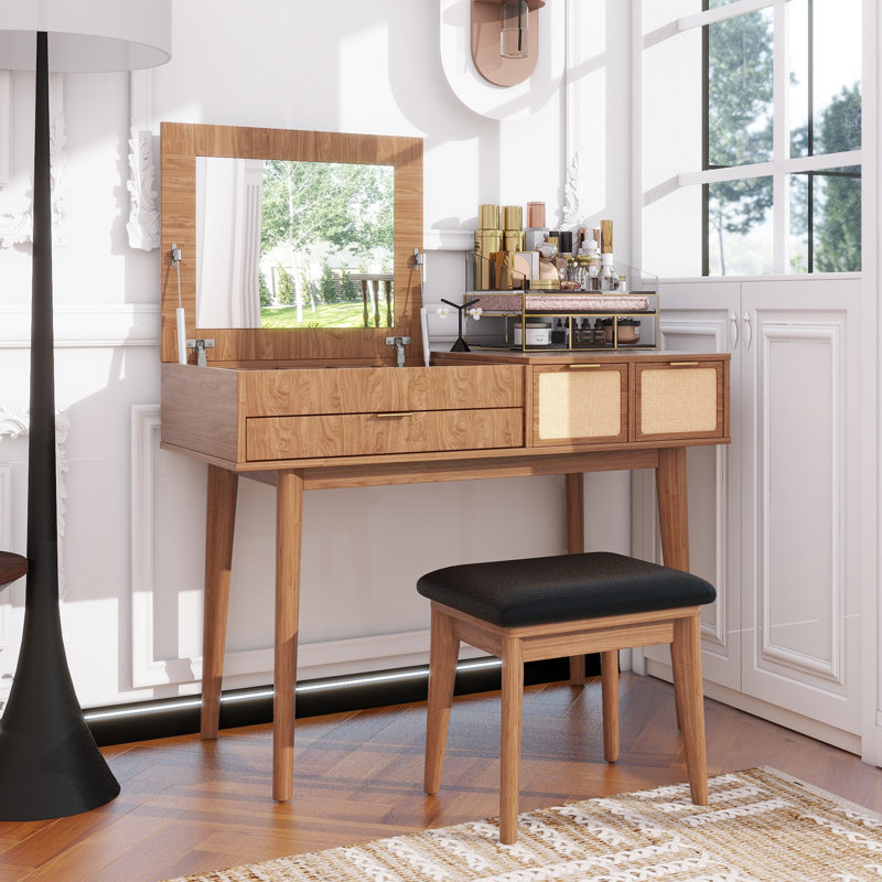 Ensemble coiffeuse 43,3 "en bois avec miroir rabattable et tabouret, coiffeuse avec trois tiroirs et espace de rangement 
