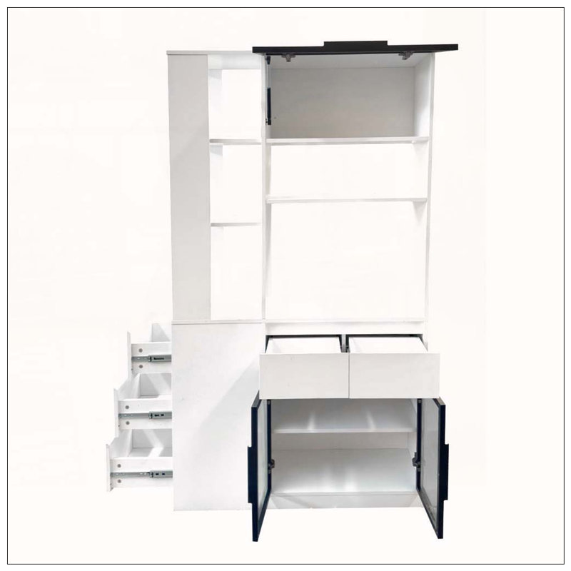 Grande armoire de rangement avec portes en verre, tiroirs et tablettes de présentation, Blanc