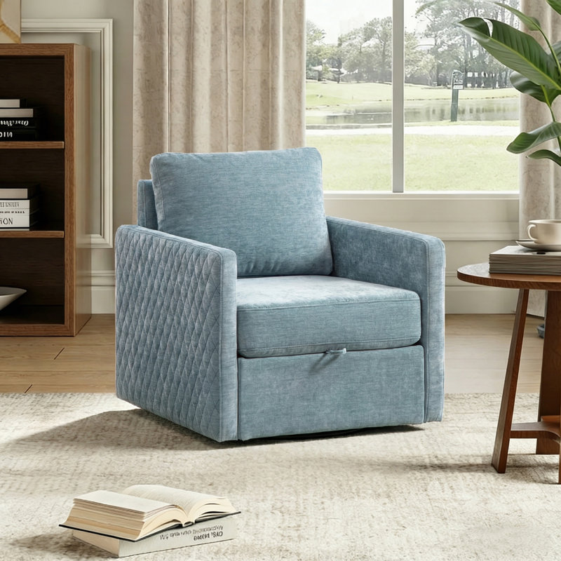 Fauteuil demi-tonneau pivotant capitonné en chenille avec rangement caché, Bleu