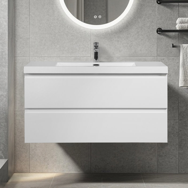 42-Inch Gloss White Wall-Mounted Floating Bath Vanity With Single White Solid Surface Sink Top, White