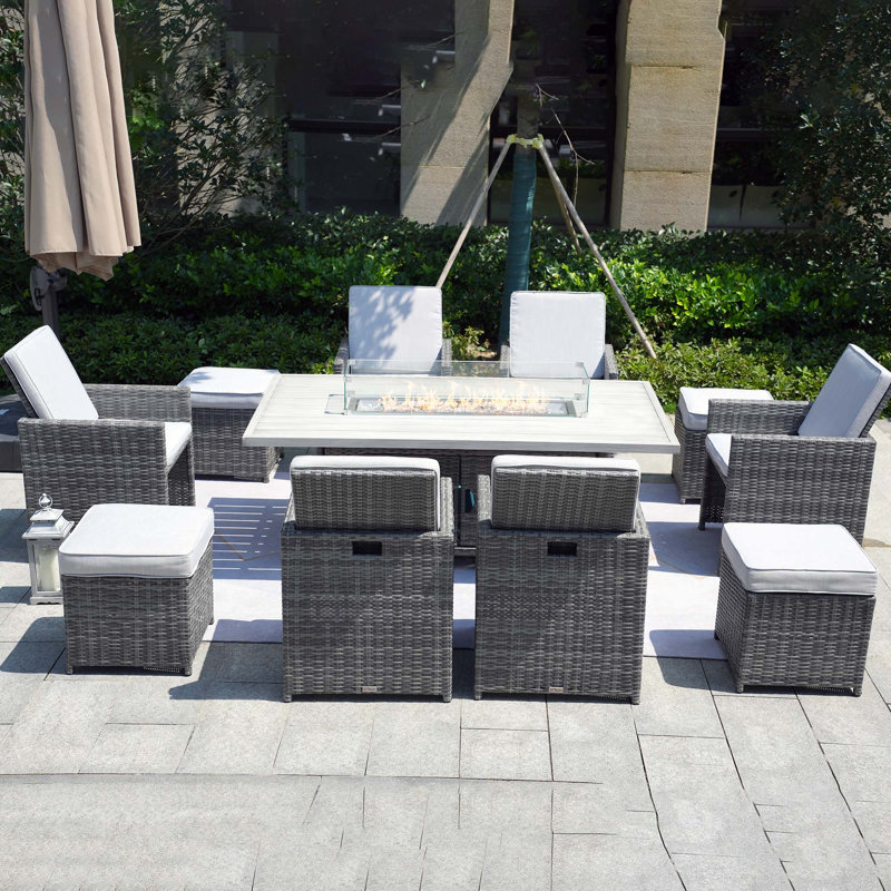 Rectangular 10 - Person 70.87'' Long Fire Pit Table Dining Set With Cushions, Gray