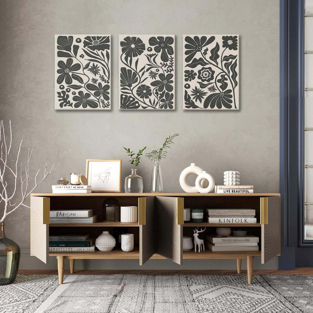 Abstract Boho Black Flowers Plant Wall Art Framed Canvas Set Of 3 Vintage Botanical Neutral Floral Artwork Black And White Prints For Wall Decor Aesth