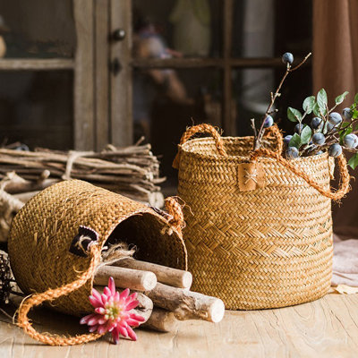 2 Piece Rustic Natural Straw Picnic Basket Set